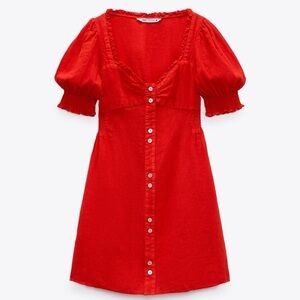 Zara Linen Summer Red Puff Sleeve Dress
